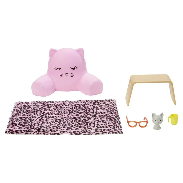 Barbie Doll Lounge Accessory Pack with 6 Pieces, Cozy Pillow, Blanket, Pet Cat & More