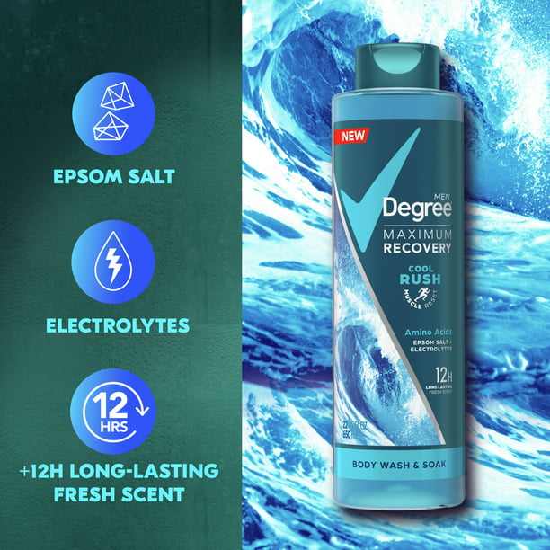 Degree Men Maximum Recovery Body Wash & Soak For Post-Workout Recovery Skincare Routine Cool Rush + Epsom Salt + Electrolytes Bath and Body Product 22 oz