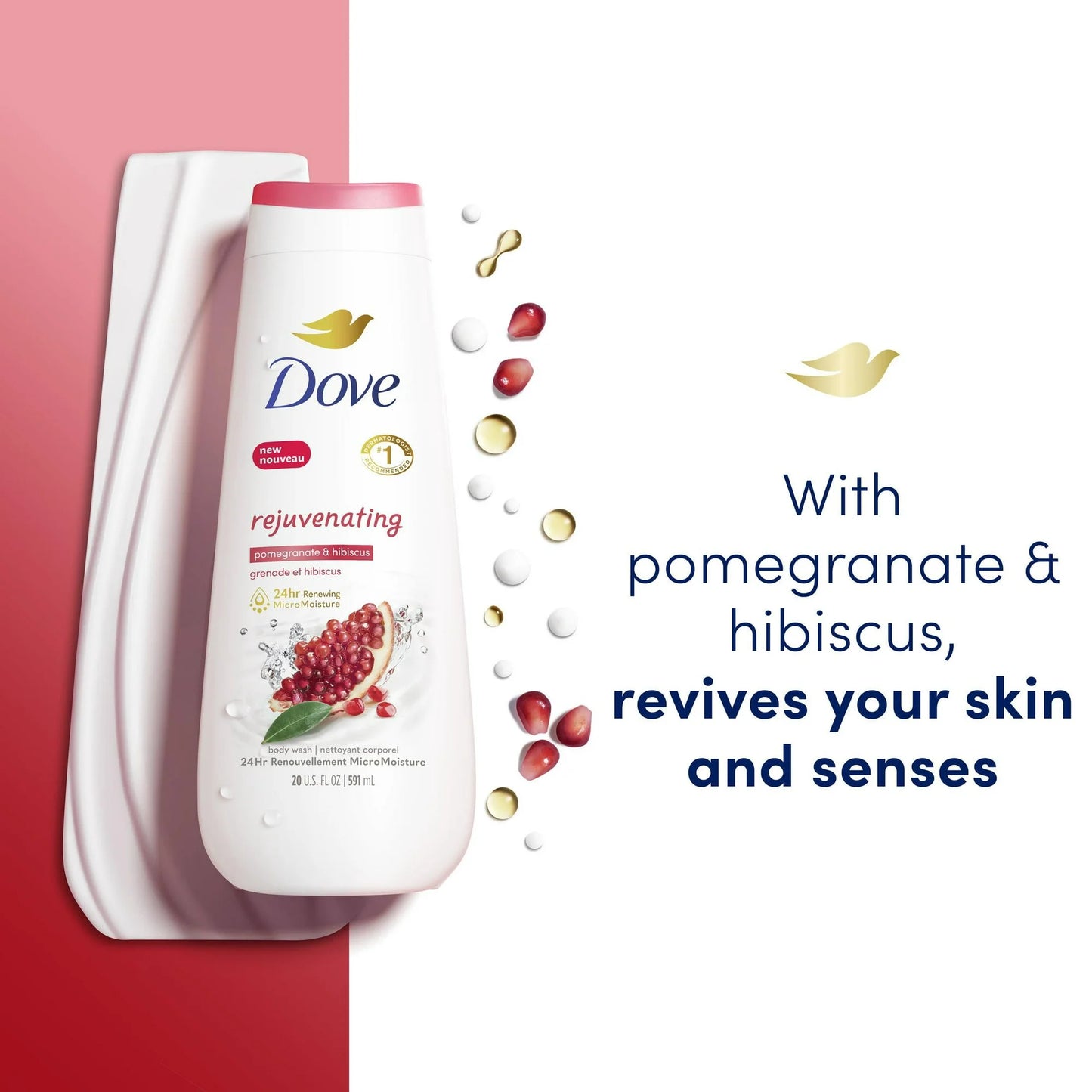 Dove Rejuvenating Gentle Women's Body Wash All Skin Type, Pomegranate & Hibiscus, 20 fl oz Twin Pack