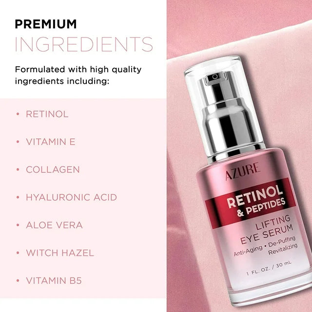 AZURE Retinol & Vitamin E Lifting Eye Serum - Anti-Aging, De-Puffing & Revitalizing | Reduces Wrinkles, Fine Lines & Under Eye Bags & Soothes Skin - 1 fl oz