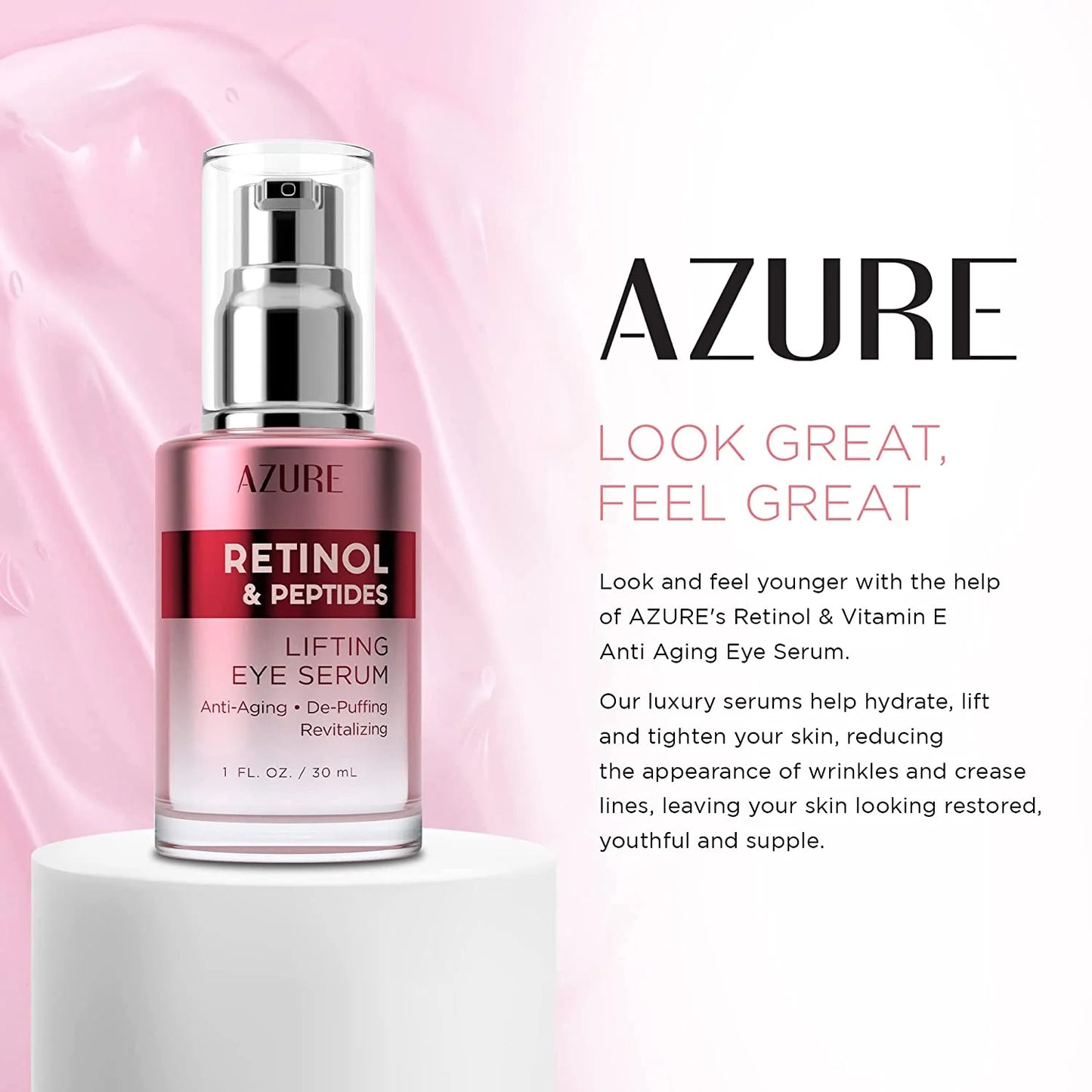 AZURE Retinol & Vitamin E Lifting Eye Serum - Anti-Aging, De-Puffing & Revitalizing | Reduces Wrinkles, Fine Lines & Under Eye Bags & Soothes Skin - 1 fl oz