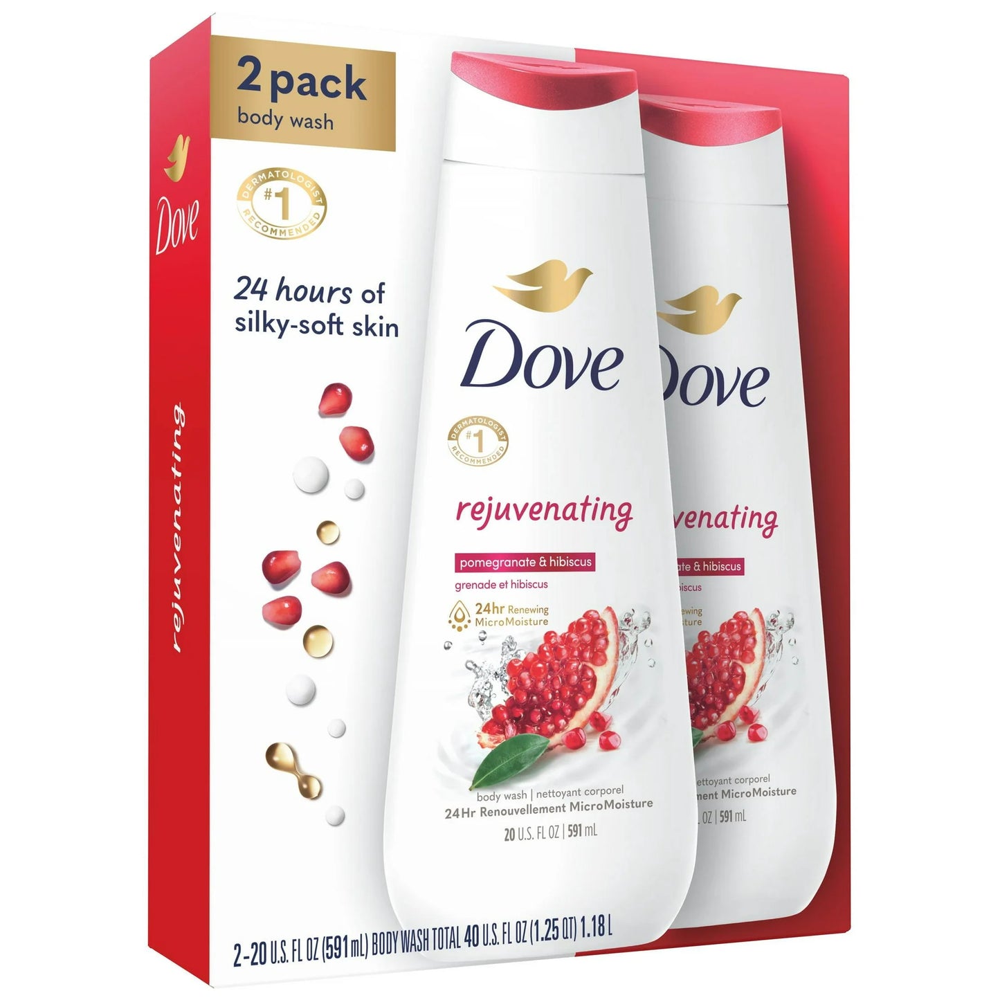 Dove Rejuvenating Gentle Women's Body Wash All Skin Type, Pomegranate & Hibiscus, 20 fl oz Twin Pack