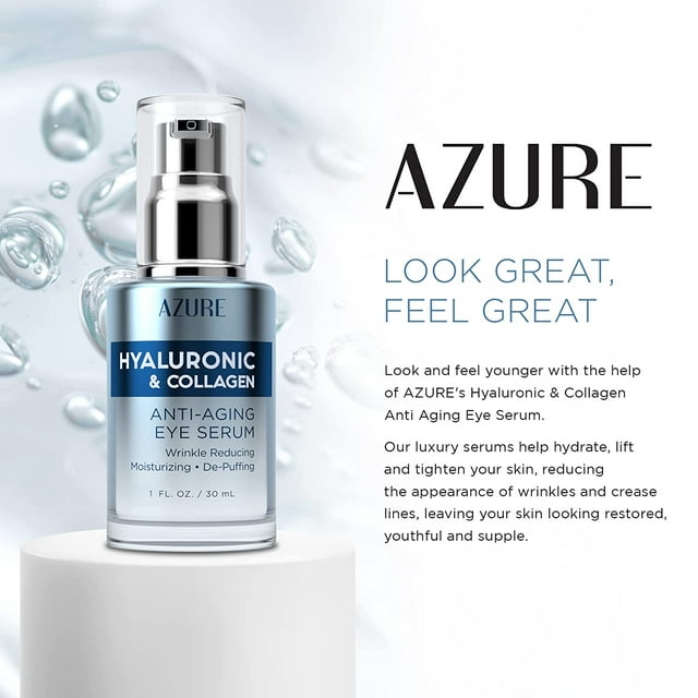 AZURE Hyaluronic Acid & Collagen Anti Aging Eye Serum - Replenishing & Hydrating Serum, Dark Circle Corrector - Reduces Wrinkles, Fine Lines & Under Eye Bags - Locks in Moisture