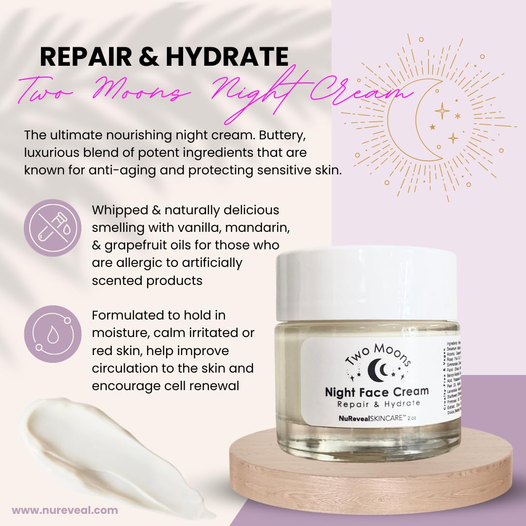 Two Moons Night Cream with Blend of Jojoba Seed Oil, Dog Rose Fruit Oil, Shea Butter, Cocoa Seed Butter & Nettle Extract - Vegan & Cruelty Free - 2 oz