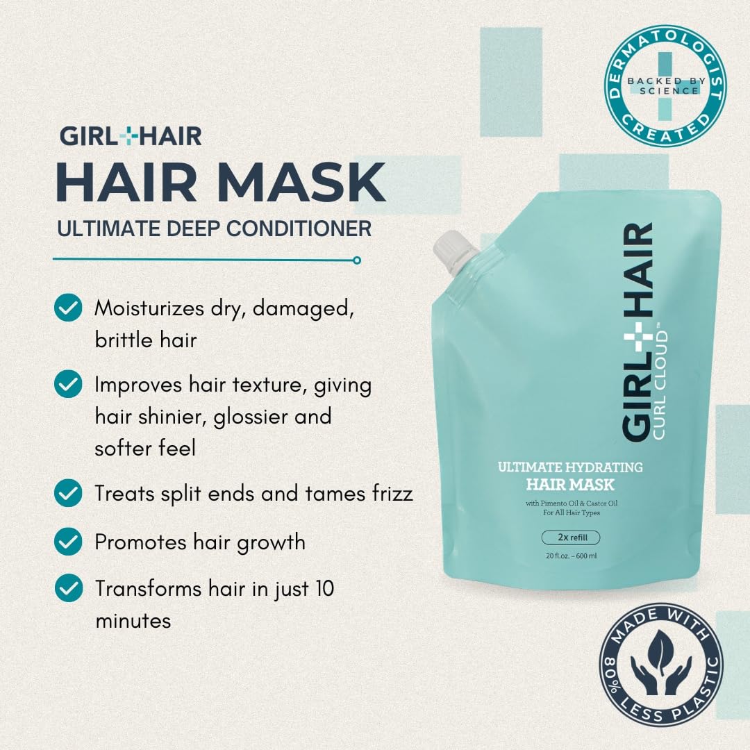 GIRL+HAIR Deep Conditioning Hair Mask Pouch | Hydrating Pimento Oil & Castor Oil For Dry, Damaged Hair | No Silicones or Parabens | New Eco-Friendly Package | 20 fl.oz