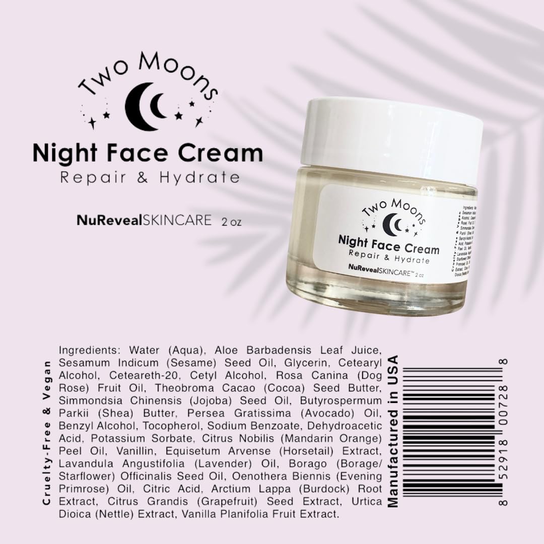 Two Moons Night Cream with Blend of Jojoba Seed Oil, Dog Rose Fruit Oil, Shea Butter, Cocoa Seed Butter & Nettle Extract - Vegan & Cruelty Free - 2 oz