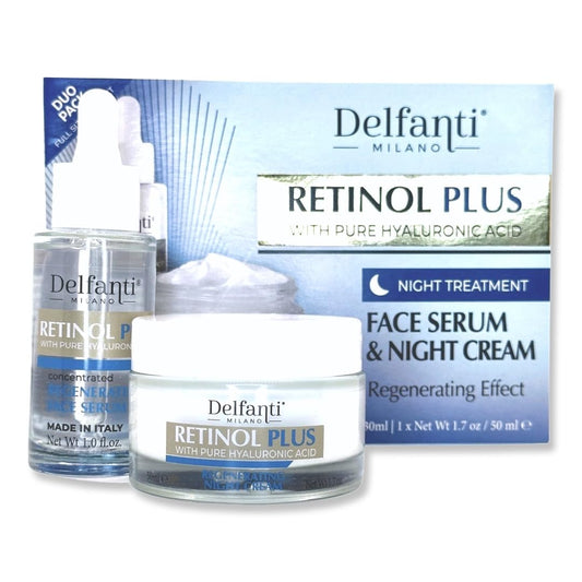 Delfanti Milano • RETINOL PLUS with pure HYALURONIC Acid • FULL SIZED NIGHT TREATMENT DUO PACK Concentrated Regenerating Serum and Night Cream for Face and Neck • Made in Italy