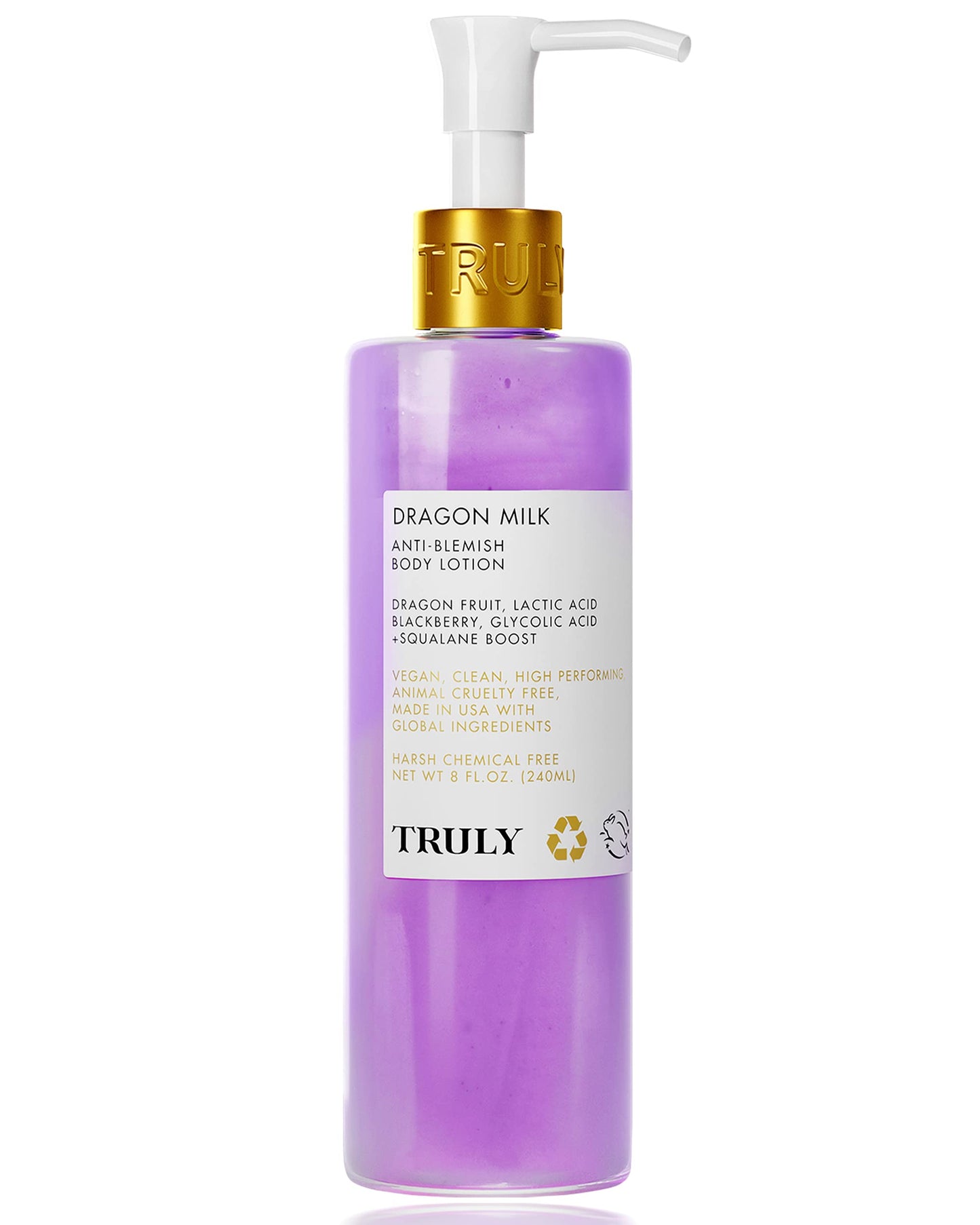 Truly Dragon Milk Anti-Blemish Body Lotion, 8 OZ, Vegan, Cruelty-Free, Made in USA, Smoothes Skin, Reduces Acne