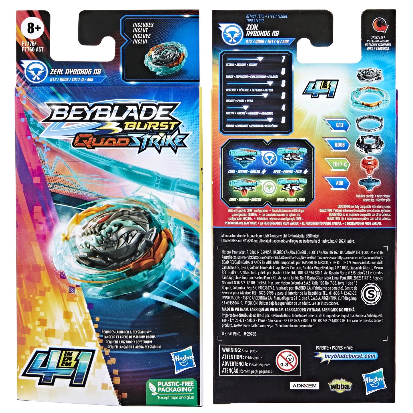 Beyblade Burst QuadStrike Zeal Nyddhog N8 Spinning Top Single Pack, Battling Game Top Toy