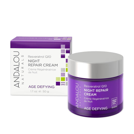 Andalou Naturals Resveratrol Q10 Night Repair Cream, For Dry Skin, Fine Lines & Wrinkles, For Softer, Smoother, Younger Looking Skin, 1.7 Ounce