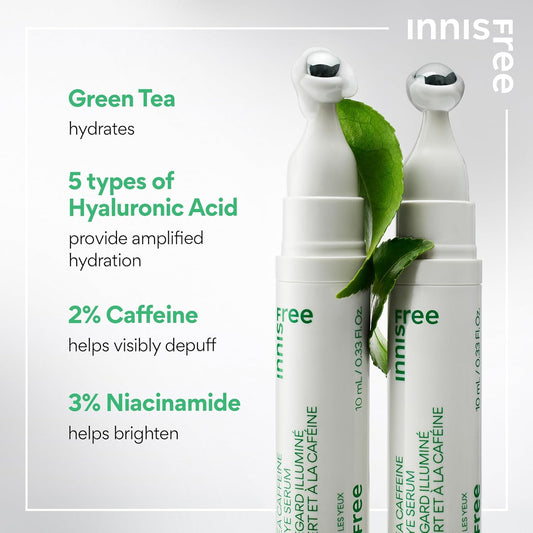 innisfree Green Tea Caffeine Bright-Eye Serum with Niacinamide, Cooling Korean Eye Roll On Serum, Hydrating Eye Cream (Packaging May Vary)