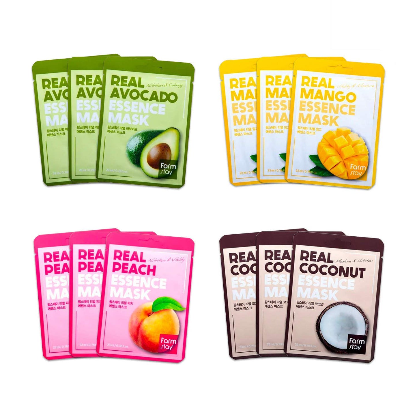 FARMSTAY Real Essence Facial Sheet 12 Pack Korean Skincare Mask Combo,Hypoallergenic,Moisturizing,Nourishing,Vitalizing, Refreshing 0.78 fl.oz.*12 ea (Coconut, Avocado, Peach, Mango)