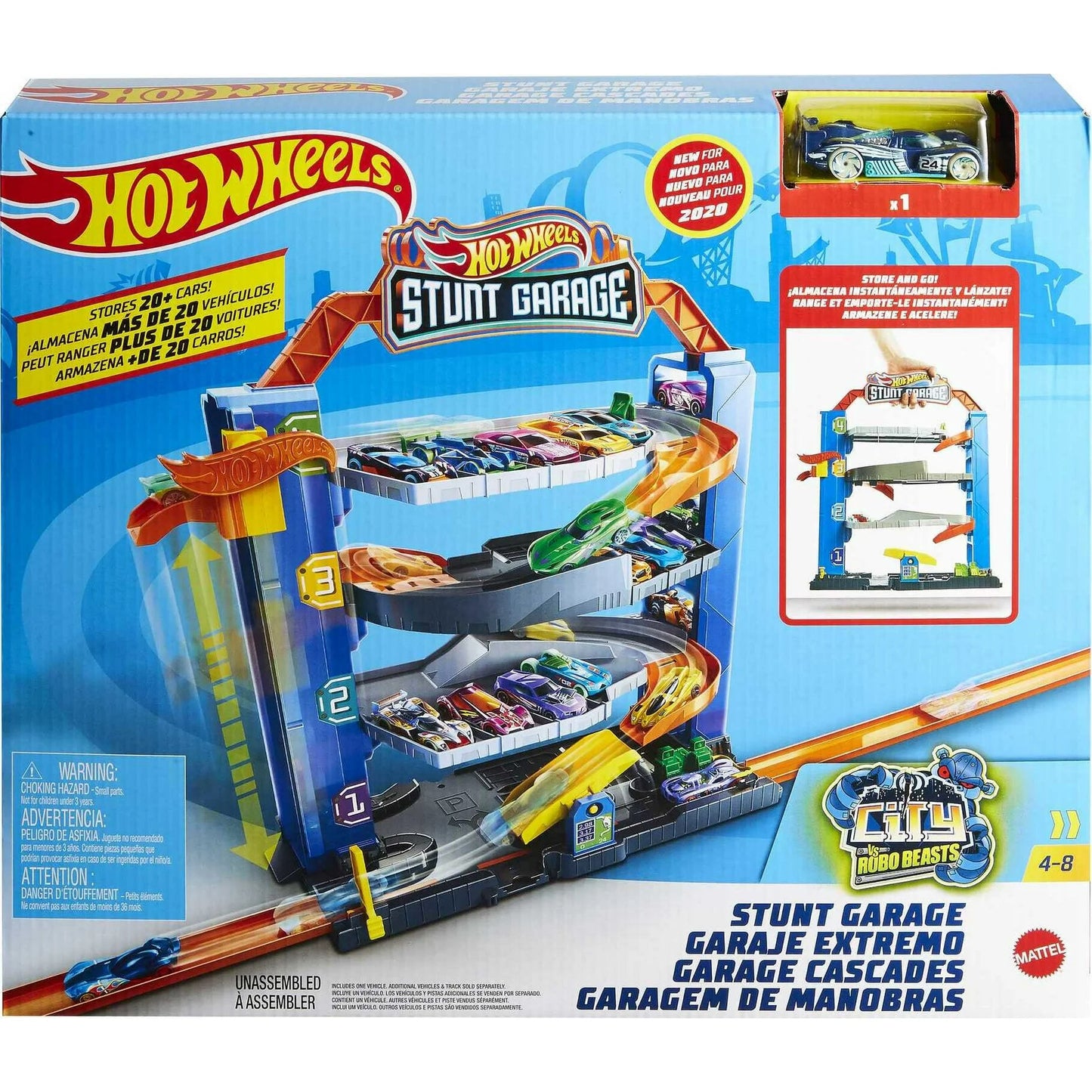 Hot Wheels City Stunt Garage Playset with 1 Toy Car in 1:64 Scale & Storage for 20+ Vehicles