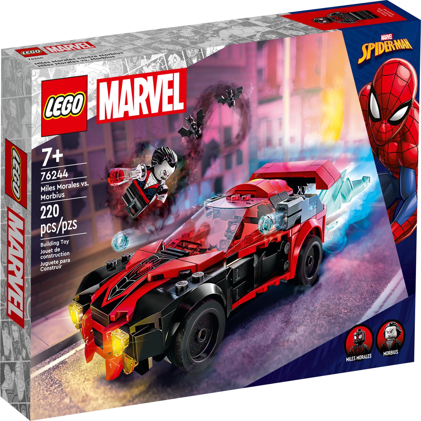 LEGO Marvel Spider-Man Miles Morales vs. Morbius Building Toy, Super Hero Car Toy with 2 Minifigures, 76244