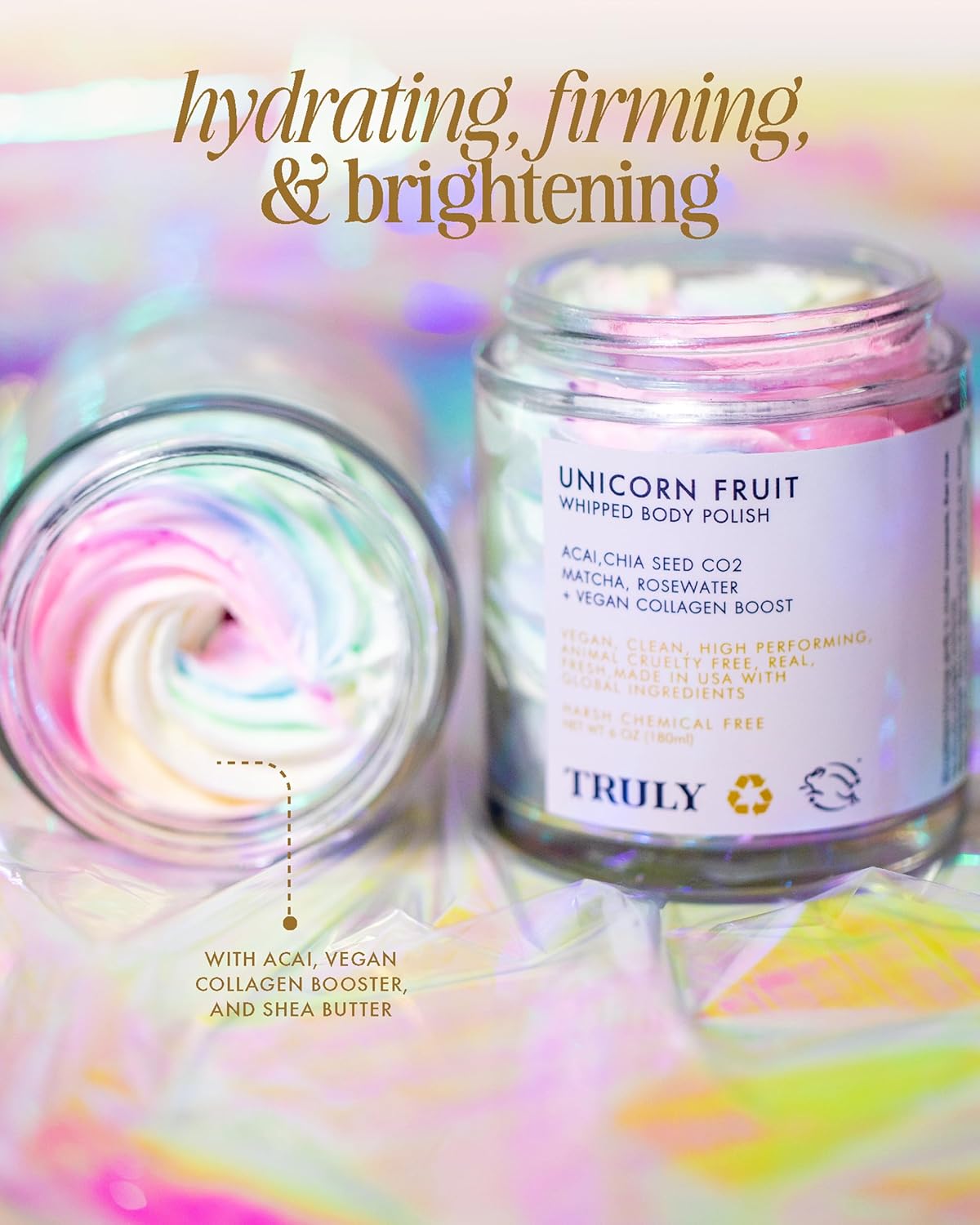 Truly Beauty Unicorn Whipped Body Polish with Chia, Acai and Rose - Whipped Body Butter with Shea for Women, Body Butter Cream for Softer, Smoother and Glowing Skin - 2 Fl. Oz