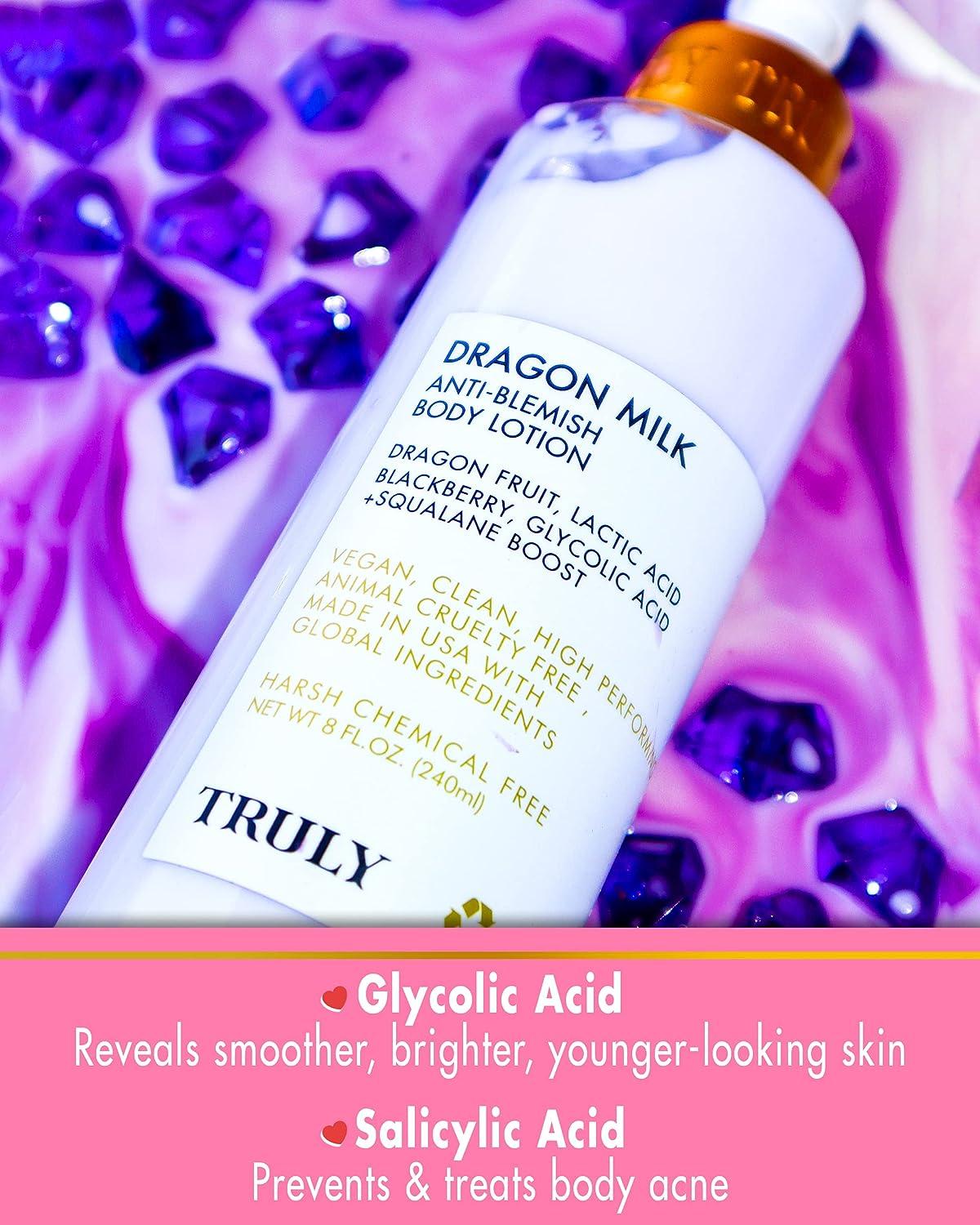 Truly Dragon Milk Anti-Blemish Body Lotion, 8 OZ, Vegan, Cruelty-Free, Made in USA, Smoothes Skin, Reduces Acne