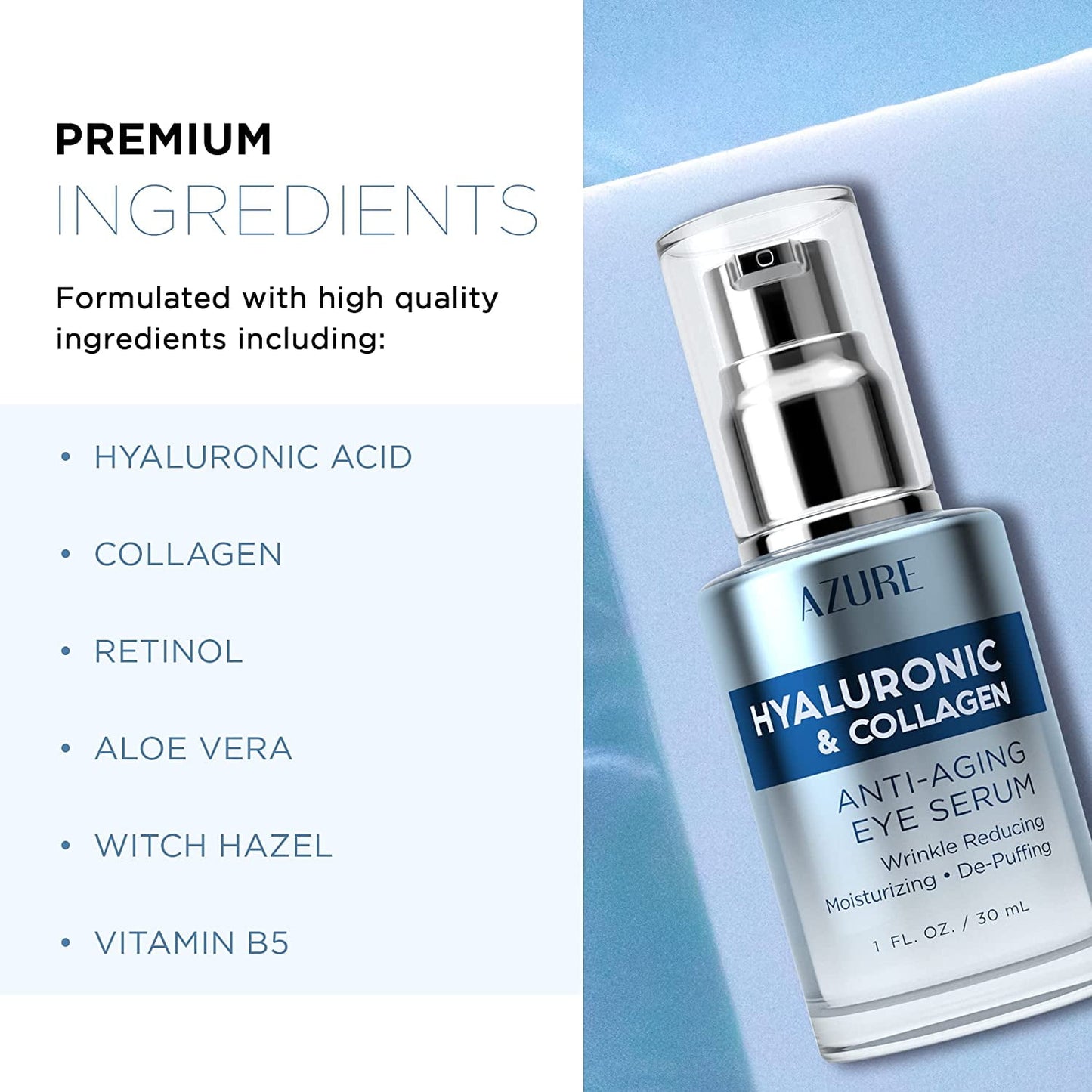 AZURE Hyaluronic Acid & Collagen Anti Aging Eye Serum - Replenishing & Hydrating Serum, Dark Circle Corrector - Reduces Wrinkles, Fine Lines & Under Eye Bags - Locks in Moisture