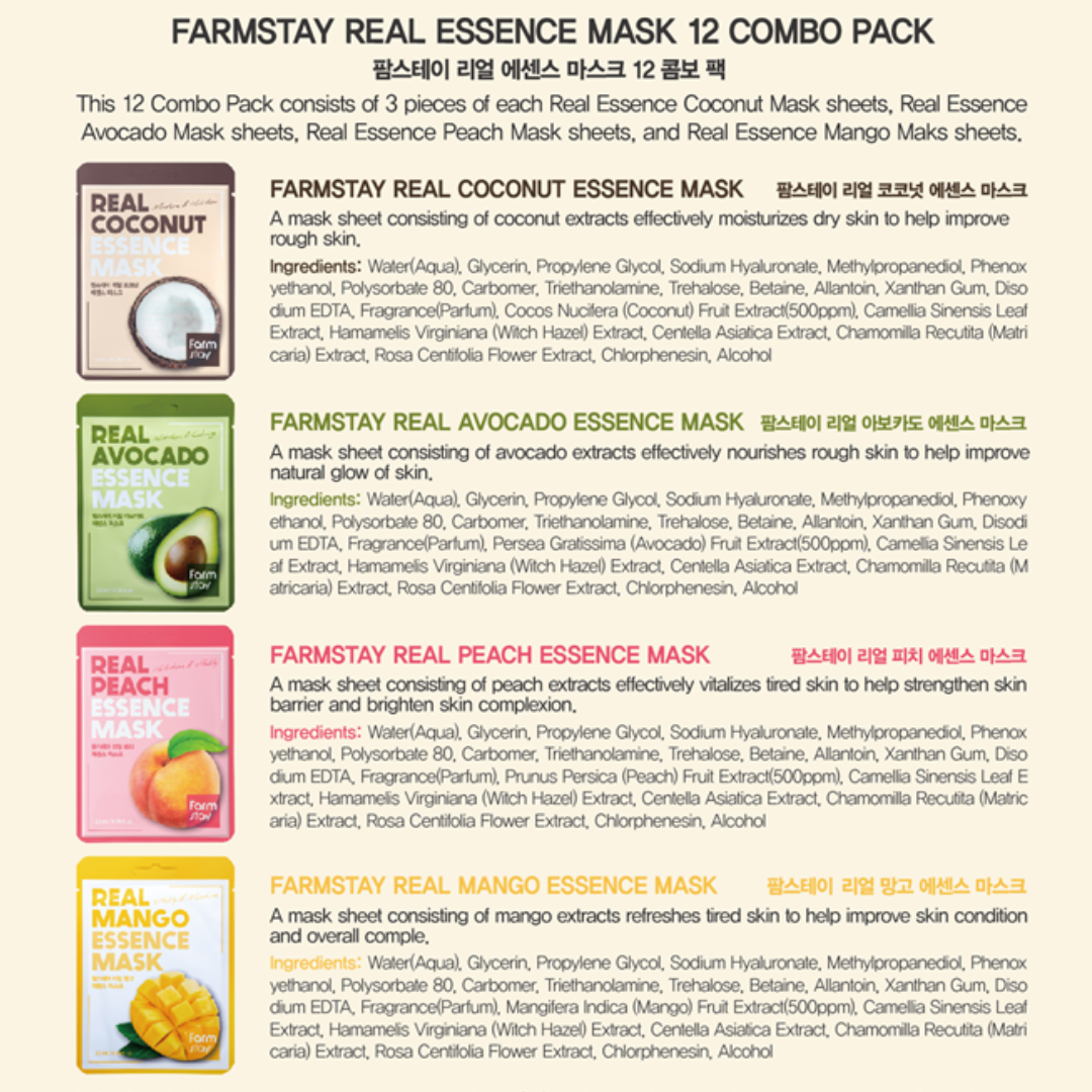 FARMSTAY Real Essence Facial Sheet 12 Pack Korean Skincare Mask Combo,Hypoallergenic,Moisturizing,Nourishing,Vitalizing, Refreshing 0.78 fl.oz.*12 ea (Coconut, Avocado, Peach, Mango)