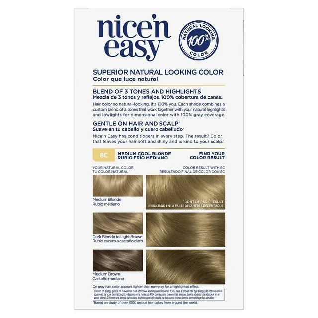 Clairol Nice'n Easy Permanent Hair Dye Color Cream, 8C Medium Cool Blonde