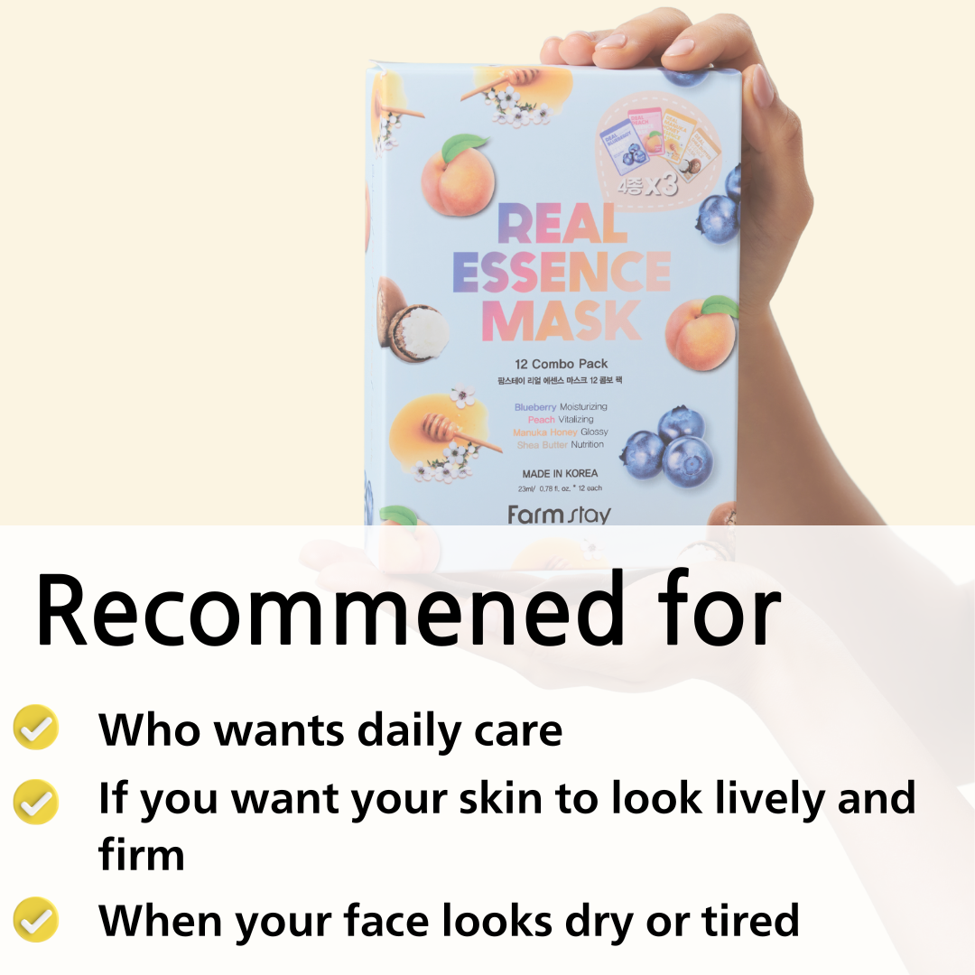 FARMSTAY Real Essence Facial Sheet 12 Pack Korean Skincare Mask Combo,Hypoallergenic,Moisturizing,Nourishing,Vitalizing, Refreshing 0.78 fl.oz.*12 ea (Coconut, Avocado, Peach, Mango)