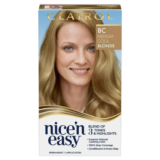 Clairol Nice'n Easy Permanent Hair Dye Color Cream, 8C Medium Cool Blonde