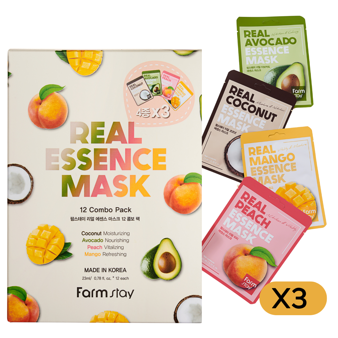 FARMSTAY Real Essence Facial Sheet 12 Pack Korean Skincare Mask Combo,Hypoallergenic,Moisturizing,Nourishing,Vitalizing, Refreshing 0.78 fl.oz.*12 ea (Coconut, Avocado, Peach, Mango)