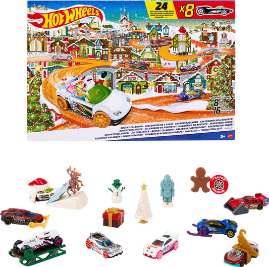 Hot Wheels Advent Calendar 2023, 8 Hot Wheels Cars and 16 Accessories