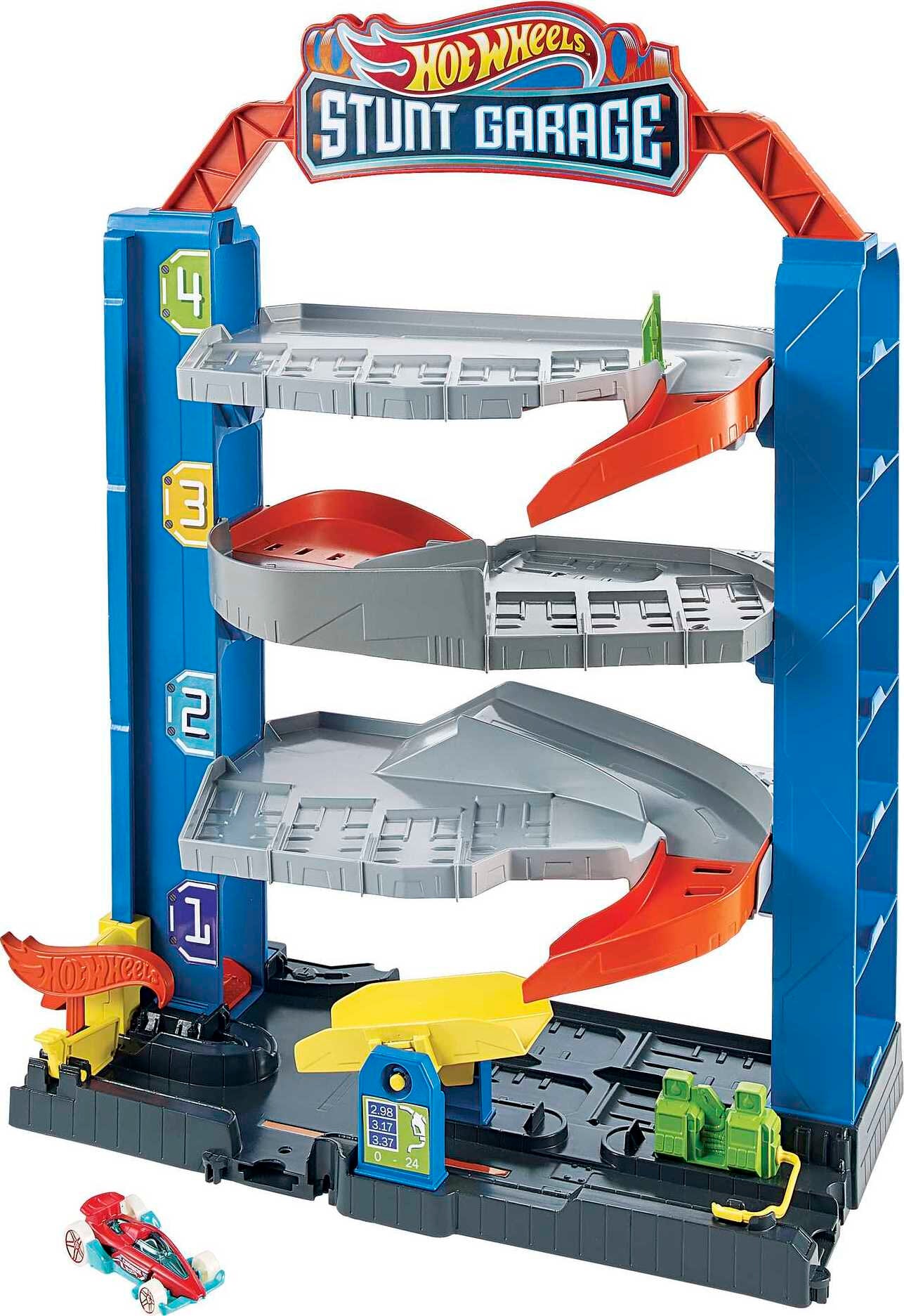 Hot Wheels City Stunt Garage Playset with 1 Toy Car in 1:64 Scale & Storage for 20+ Vehicles