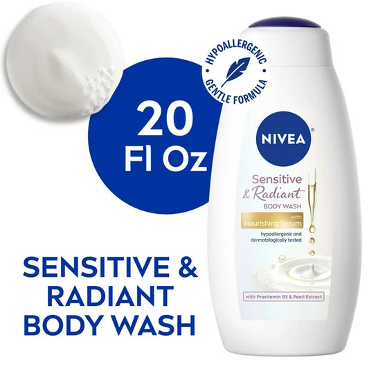 NIVEA Sensitive and Radiant Body Wash with Nourishing Serum, 20 Fl Oz Bottle