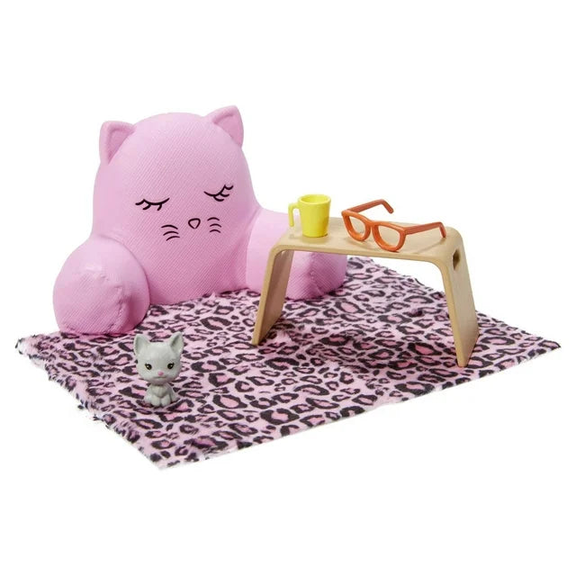 Barbie Doll Lounge Accessory Pack with 6 Pieces, Cozy Pillow, Blanket, Pet Cat & More