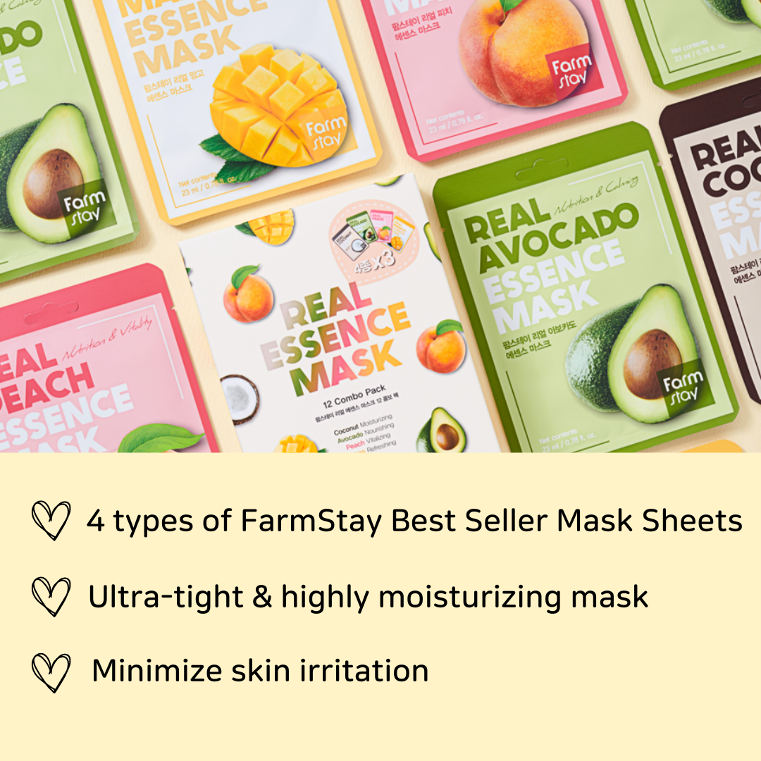 FARMSTAY Real Essence Facial Sheet 12 Pack Korean Skincare Mask Combo,Hypoallergenic,Moisturizing,Nourishing,Vitalizing, Refreshing 0.78 fl.oz.*12 ea (Coconut, Avocado, Peach, Mango)