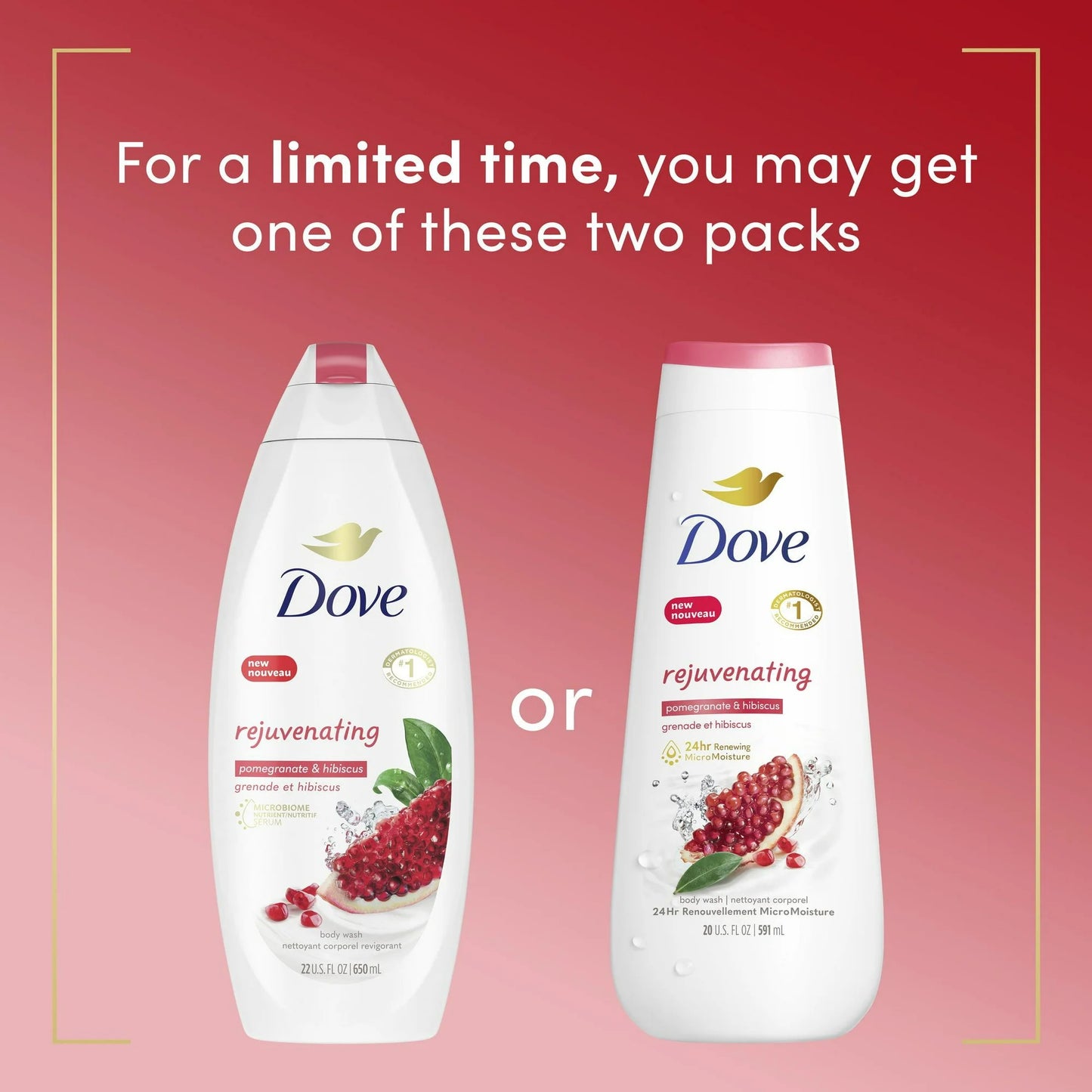 Dove Rejuvenating Gentle Women's Body Wash All Skin Type, Pomegranate & Hibiscus, 20 fl oz Twin Pack