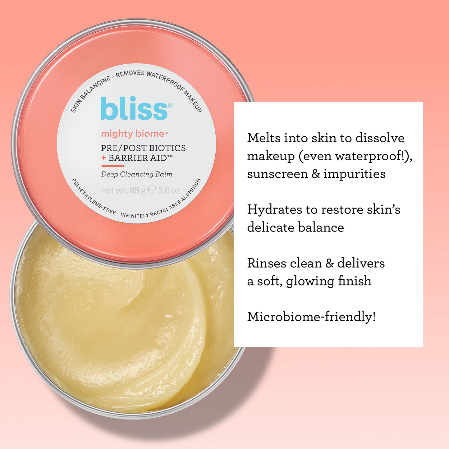 Bliss Mighty Biome Pre/Post Biotics + Barrier Aid Deep Cleansing Balm for All Skin Types, 3.0 oz