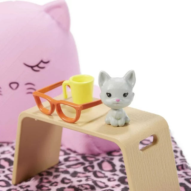 Barbie Doll Lounge Accessory Pack with 6 Pieces, Cozy Pillow, Blanket, Pet Cat & More