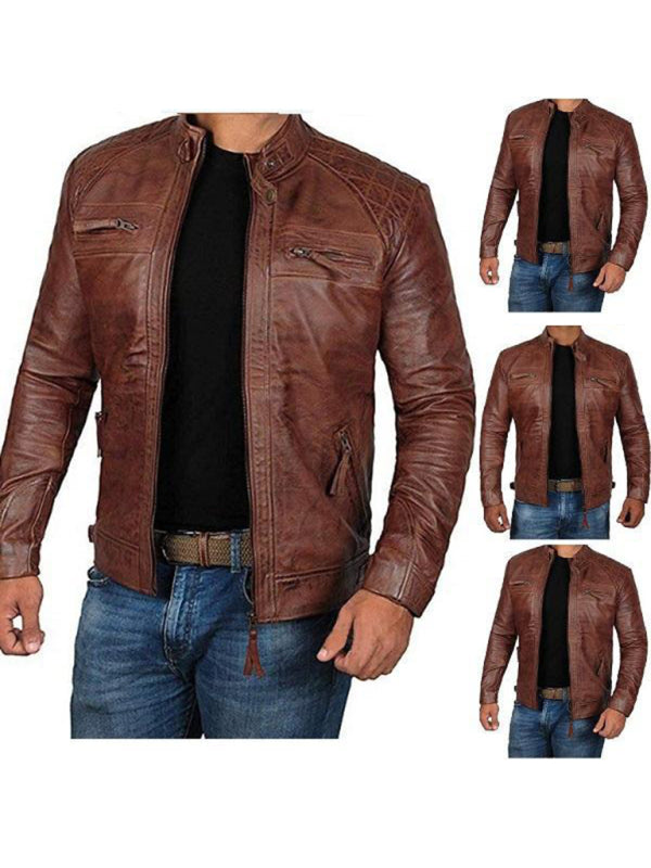 Men's Leather Jacket Stand Collar Punk Motorcycle Leather Slim Fit Jacket