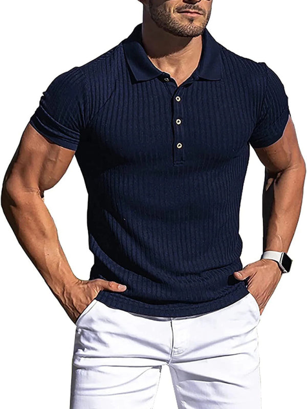 New Men's High Stretch Vertical Stripe Long Sleeve POLO Shirt Slim Fit Short Sleeve Polo Shirt