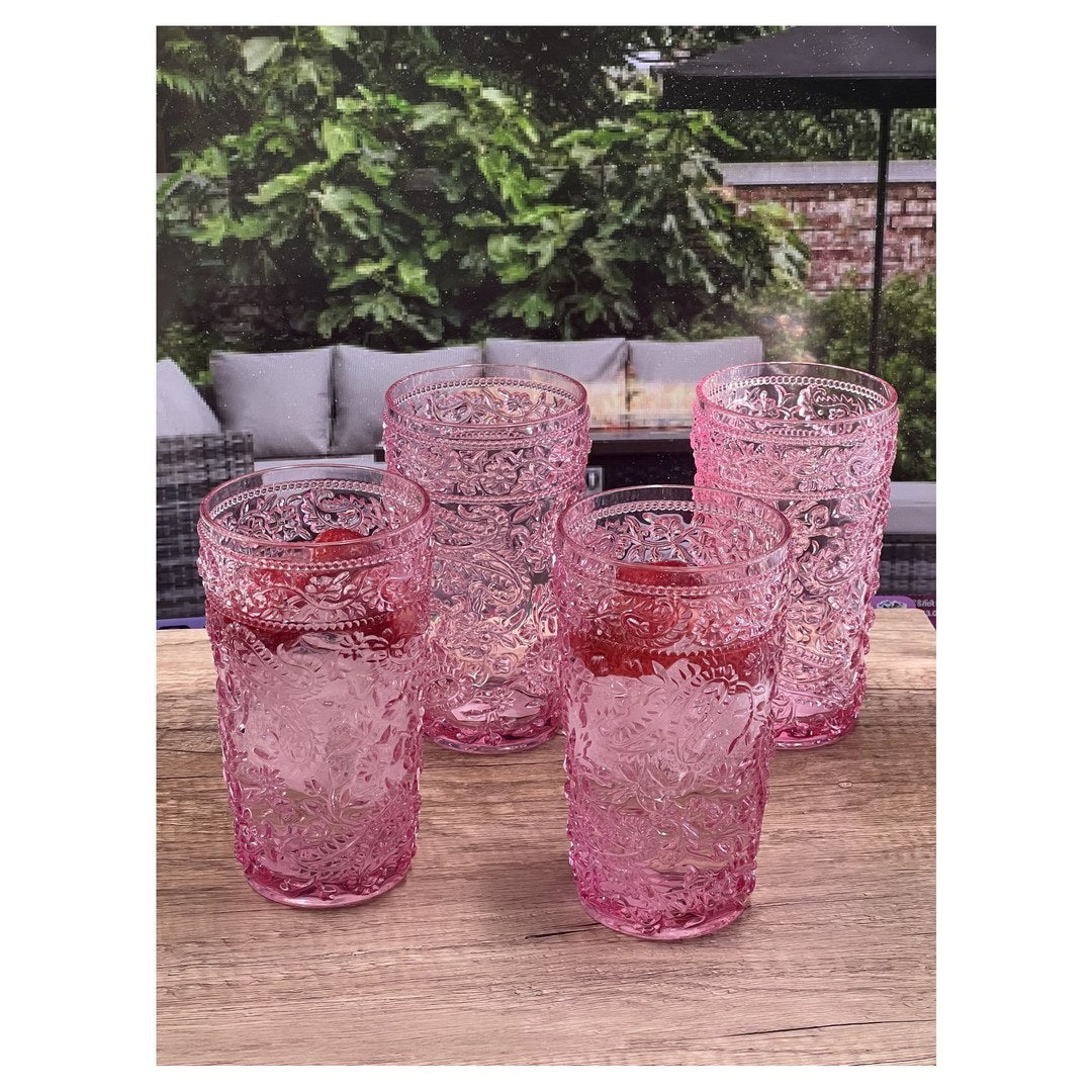 Designer Acrylic Paisley Pink Drinking Glasses Hi Ball Set of 4 (17oz) –  Fashions for Home