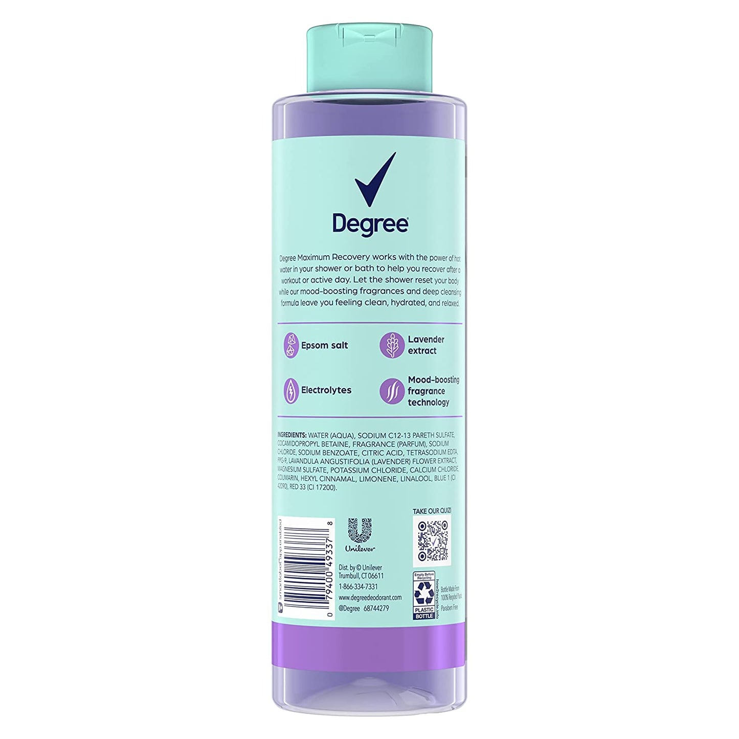 Degree Maximum Recovery Body Wash & Soak Post-Workout Recovery Skincare Routine Lavender Extract + Epsom Salt + Electrolytes Bath and Body Product 22 oz