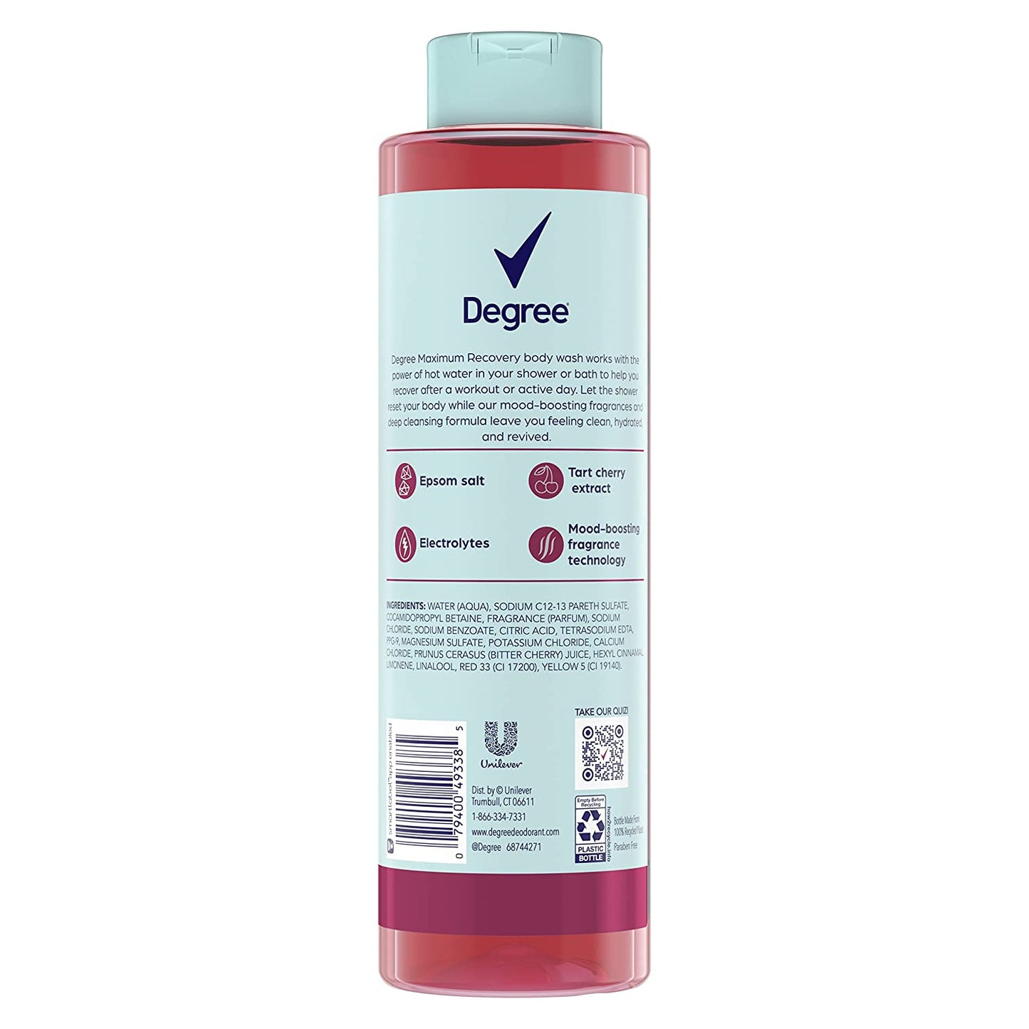 Degree Maximum Recovery Body Wash & Soak Post-Workout Recovery Skincare Routine Tart Cherry + Epsom Salt + Electrolytes Bath and Body Product 22 oz