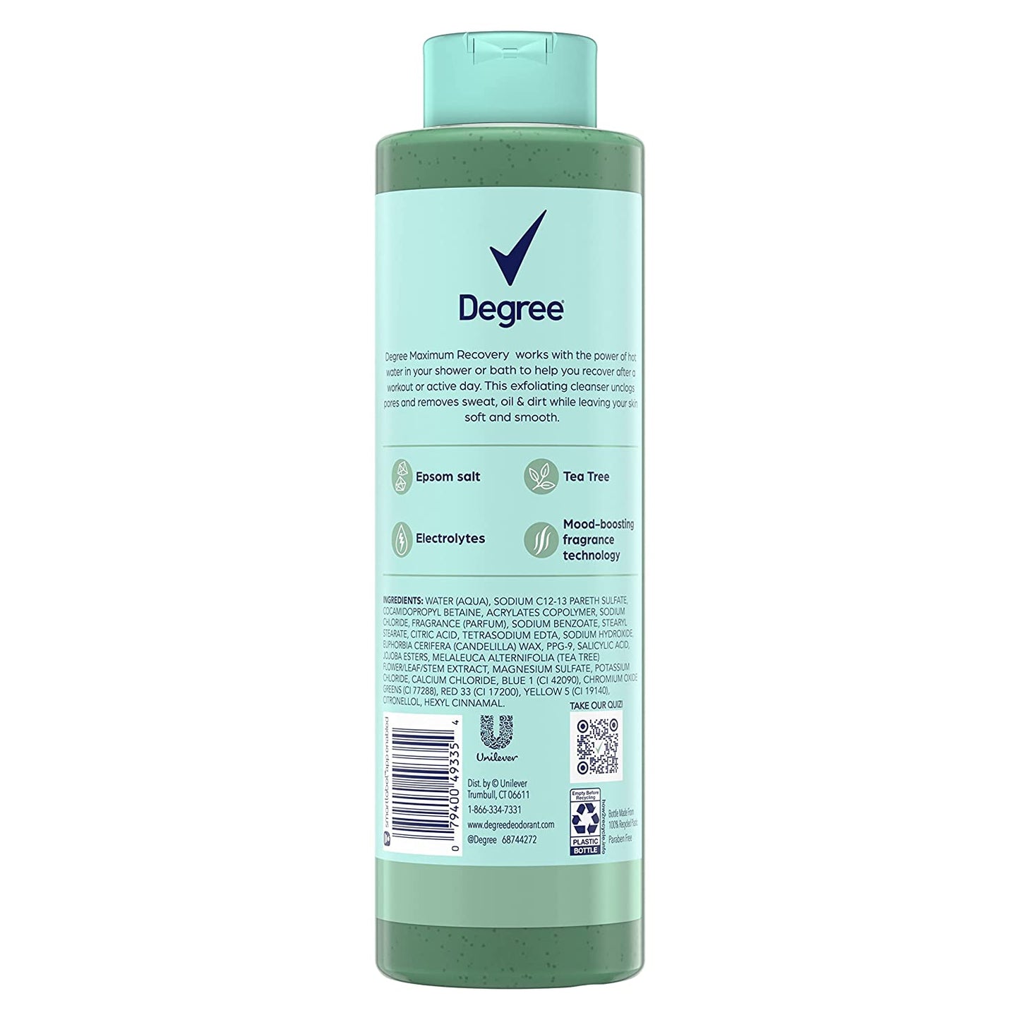 Degree Body Wash & Soak Post-Workout Recovery Skincare Routine Exfoliating Tea Tree + Epsom Salt + Electrolytes Bath and Body Product 22 oz