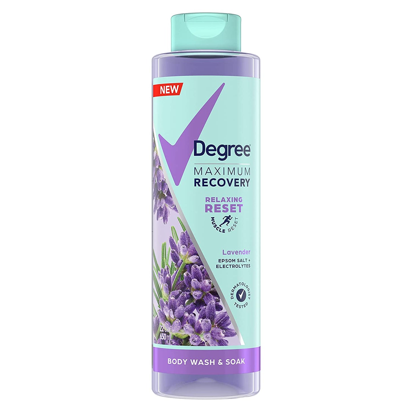 Degree Maximum Recovery Body Wash & Soak Post-Workout Recovery Skincare Routine Lavender Extract + Epsom Salt + Electrolytes Bath and Body Product 22 oz