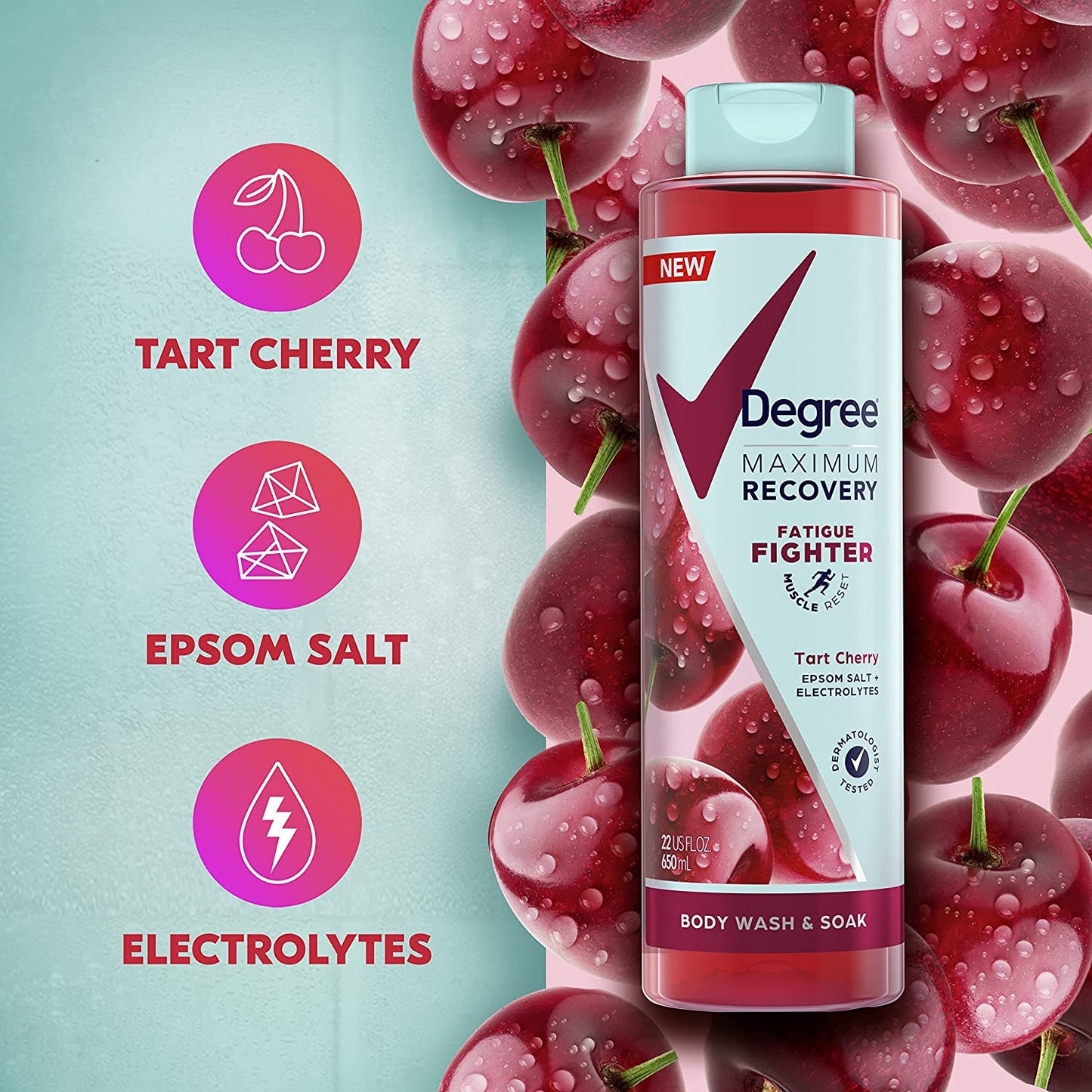 Degree Maximum Recovery Body Wash & Soak Post-Workout Recovery Skincare Routine Tart Cherry + Epsom Salt + Electrolytes Bath and Body Product 22 oz