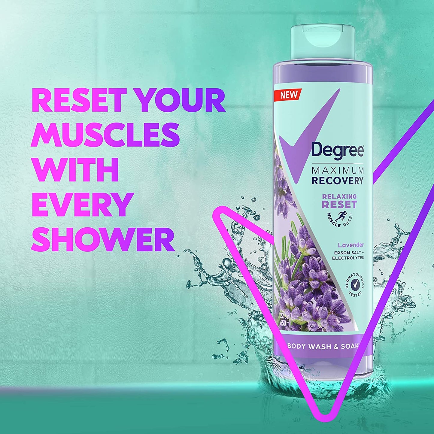 Degree Maximum Recovery Body Wash & Soak Post-Workout Recovery Skincare Routine Lavender Extract + Epsom Salt + Electrolytes Bath and Body Product 22 oz