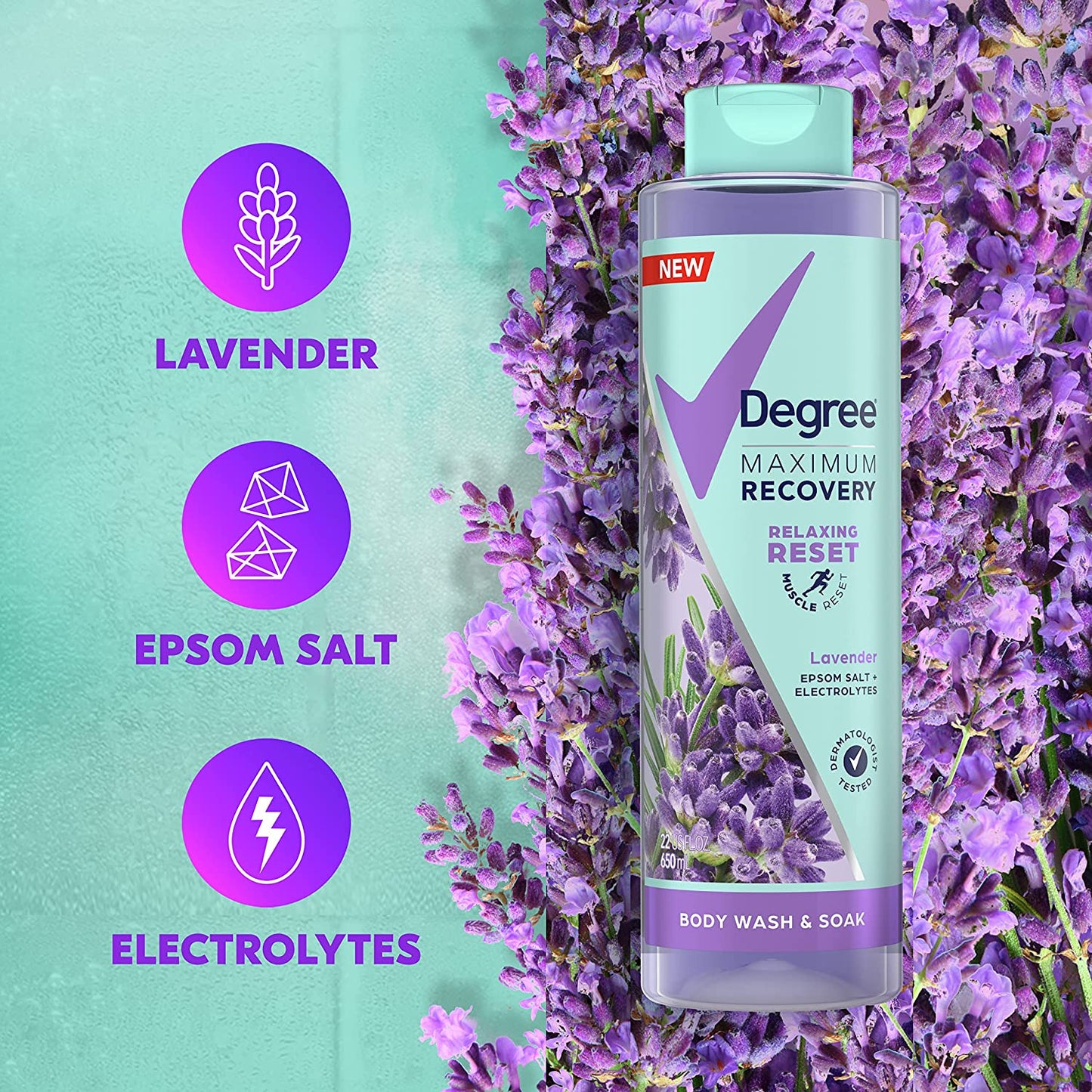 Degree Maximum Recovery Body Wash & Soak Post-Workout Recovery Skincare Routine Lavender Extract + Epsom Salt + Electrolytes Bath and Body Product 22 oz