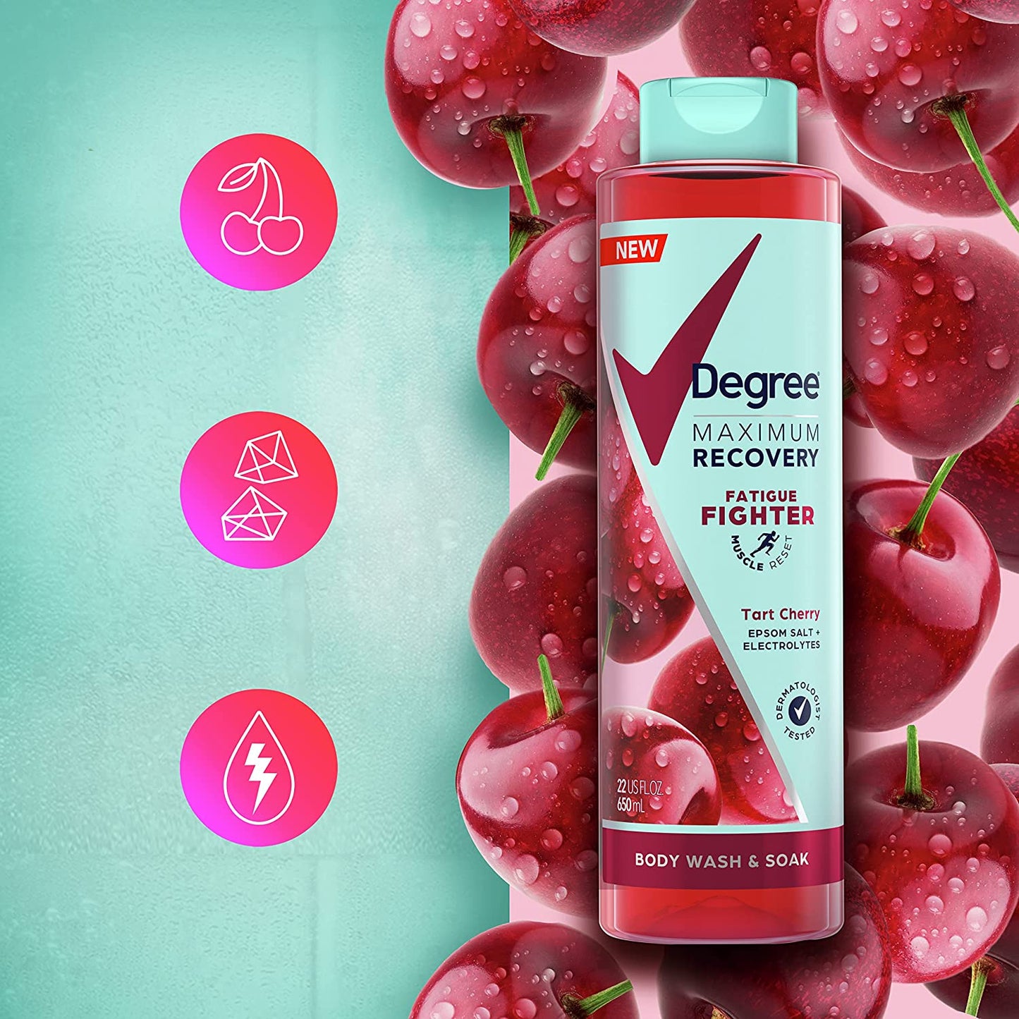 Degree Maximum Recovery Body Wash & Soak Post-Workout Recovery Skincare Routine Tart Cherry + Epsom Salt + Electrolytes Bath and Body Product 22 oz